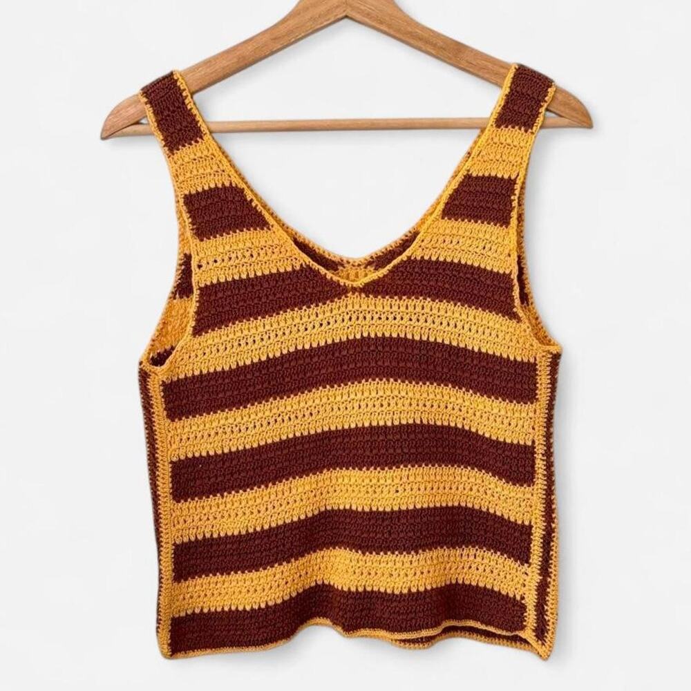 Handmade Crocheted OOAK Brown Yellow Stripe Cotton Tank Boho- Size Small